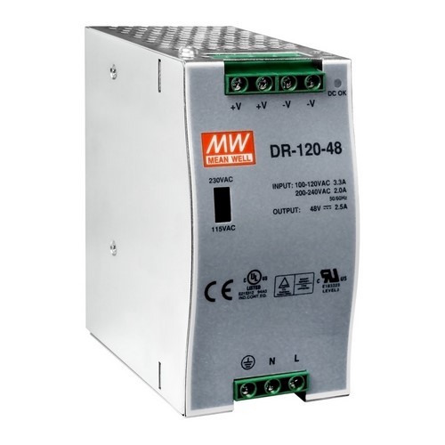 DR-120-24: Fuente de alimentación de carril DIN industrial de 24V / 5A, 120W de salida única