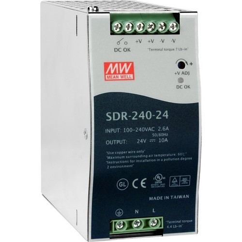 SDR-240-24: Fuente de alimentación de riel DIN industrial de salida única 24V / 10A, 240W con función PFC