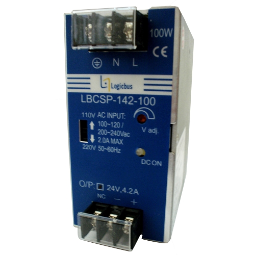 LBCSP-142-100-24: Fuente de poder 24V/4.2A/ dimensiones 100mm X 83mm X 49mm/ montaje en riel DIN/ voltaje de entrada 115Vac o 230Vac