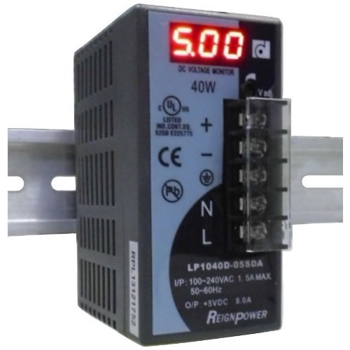 LP1040D-05SDA - Fuente de poder de AC -> DC, 5V, 8A 40w. Montaje en riel Din o con tornillos. Display indicador del voltaje de salida.