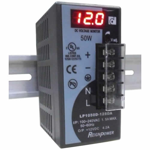 LP1050D-12SDA - Fuente de poder de AC -> DC, 12V, 4.2A 25w. Montaje en riel Din o con tornillos. Display indicador del voltaje de salida.