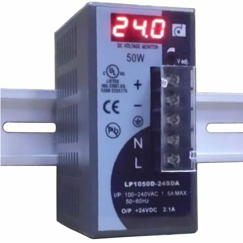 LP1050D-24SDA - Fuente de poder de AC -> DC, 24V, 2.1A 50w. Montaje en riel Din o con tornillos. Display indicador del voltaje de salida.