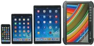 To provide a visual of how big the M133K is, below are, from left to right, a 5.5-inch Apple iPhone 7 Plus, a 9.7-inch iPad Air 2, the big 2nd-gen 12.9-inch iPad Pro, and then the rugged Winmate M133W with its 13.3-inch display.