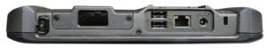 Our eval unit had power, an RJ45 LAN jack, and two USB 2.0 ports underneath a protective cover, and then the window for the optional integrated 1D/2D barcode scanner.