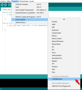Programa –> Incluir biblioteca –> Contribuciones bibliotecas