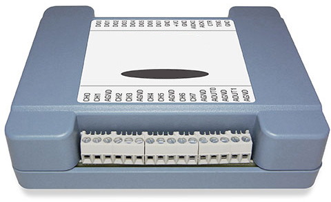 USB-201 Dispositivo USB de adquisición de datos con 8 entradas análogas referenciadas a tierra, resolución de 12-bit, 100 kS/s, 8 E/S digitales.