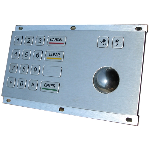 LBKP35903 - Teclado industrial con 16 teclas numericas, teclas Cancel, Clear y Enter. Inlcuye trackball. Terminado en acero inoxidable. Interfaz USB, protección NEMA 4X / IP65, resistente al agua, polvo y vandalismo. Dimensiones: 196X100 mm.