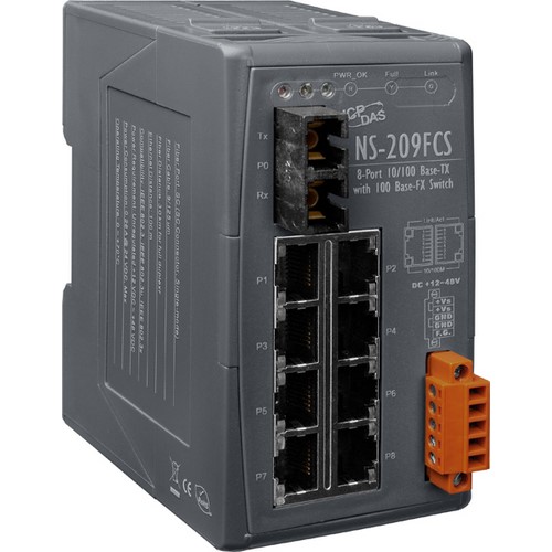 Convertidor industrial con 8 puertos Ethernet 10/100 Base-Tx y un puerto de Fibra Óptica mono-modo con conector SC, alimentación de 12-48 Vdc NS-209FCS Convertidor industrial con 8 puertos Ethernet 10/100 Base-Tx y un puerto de Fibra Óptica mono-modo con conector SC, alimentación de 12-48 Vdc NS-209FCS