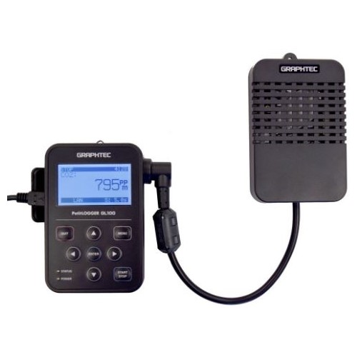 GL100-WL-CO2 - Registrador de datos inalámbrico con sensor de dióxido de carbono (concentración de CO2 (máx. 9999 ppm)), modelo WLAN, memoria incorporada de 4.9MB, ranura de memoria micro-SD, interfaz USB para PC, pantalla LCD.